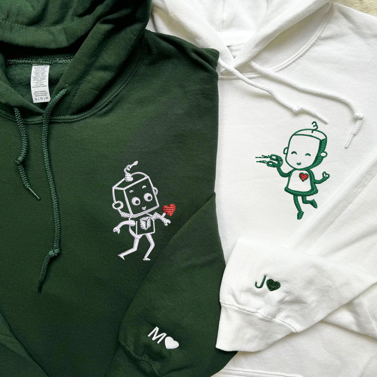Custom Embroidered Hoodies for Couples, Custom Matching Couple Hoodie, Robot Heart Couples Embroidered Hoodie