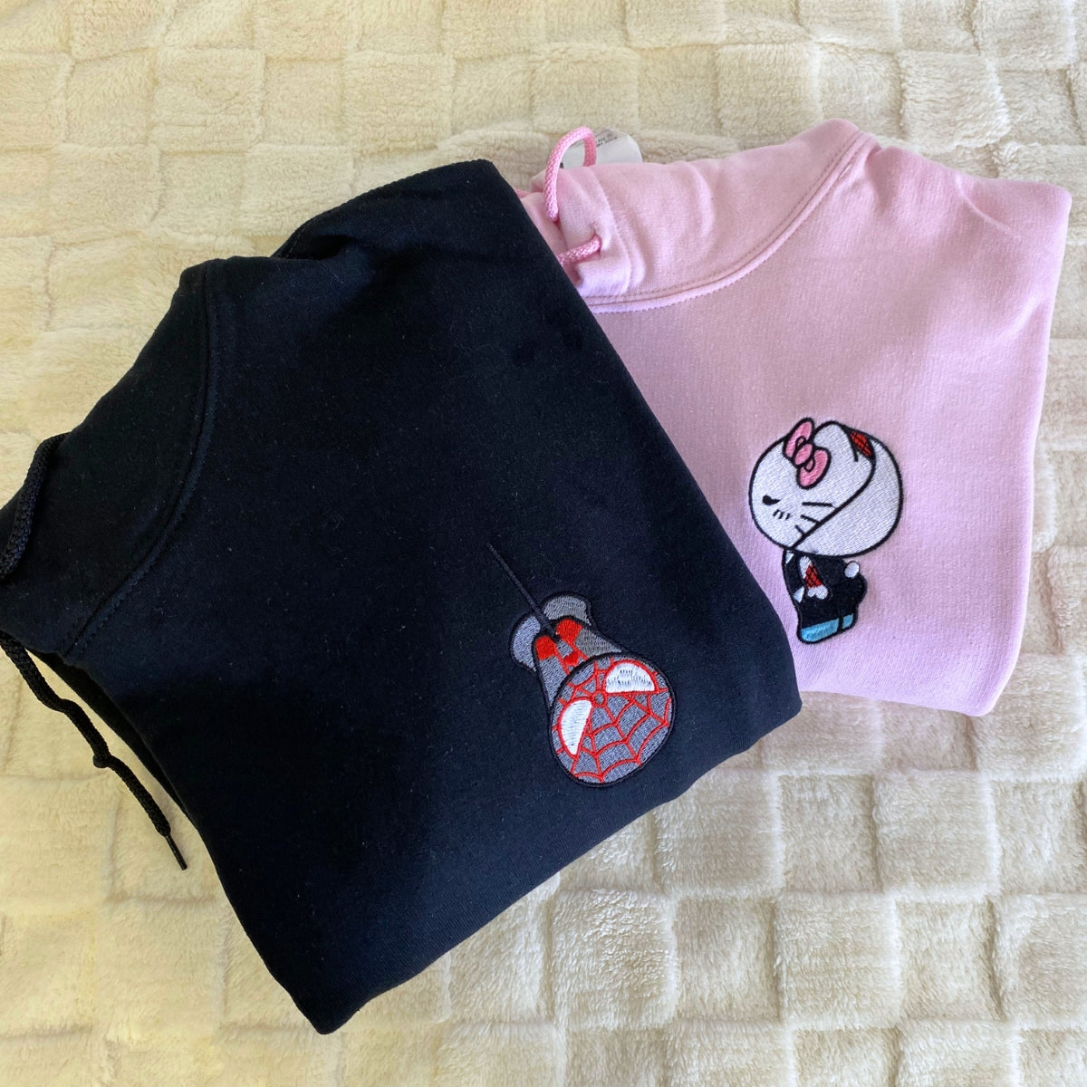 Custom Embroidered Hoodies For Couples, Custom Matching Couple Hoodie, Spider Kitten Couples Embroidered Hoodie V1