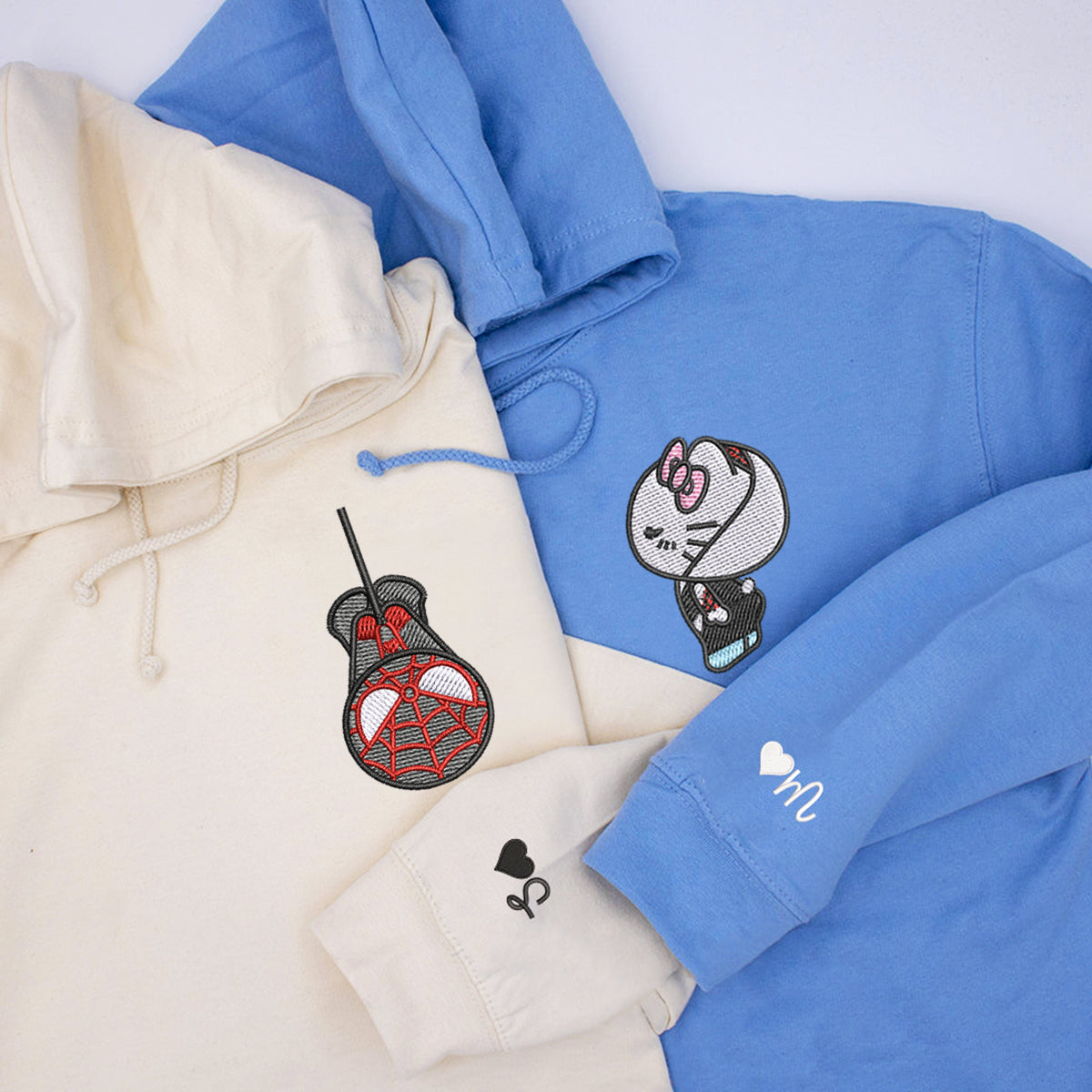 Custom Embroidered Hoodies For Couples, Custom Matching Couple Hoodie, Spider Kitten Couples Embroidered Hoodie V1