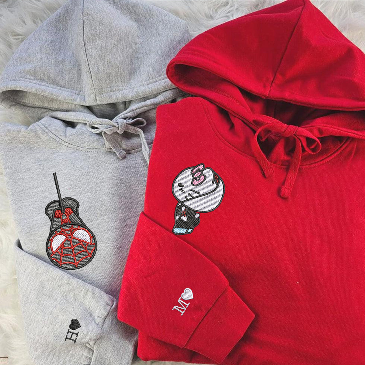 Custom Embroidered Hoodies For Couples, Custom Matching Couple Hoodie, Spider Kitten Couples Embroidered Hoodie V1