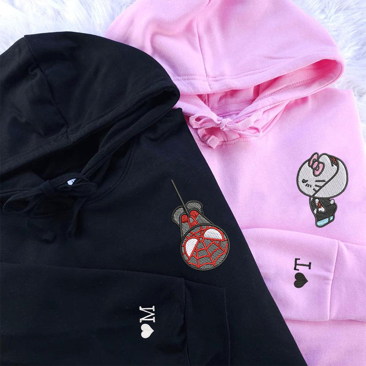 Custom Embroidered Hoodies For Couples, Custom Matching Couple Hoodie, Spider Kitten Couples Embroidered Hoodie V1
