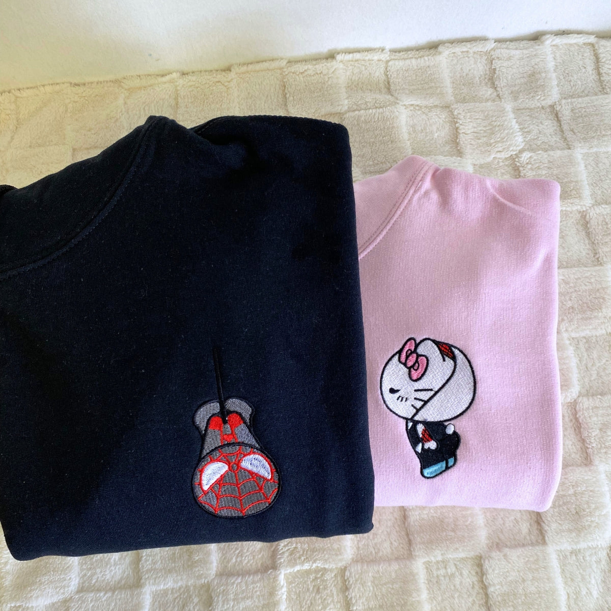 Custom Embroidered Sweatshirts For Couples, Custom Matching Couple Sweatshirt, Spider Miles x Kitten Gwen Couples Embroidered Crewneck Sweater V1