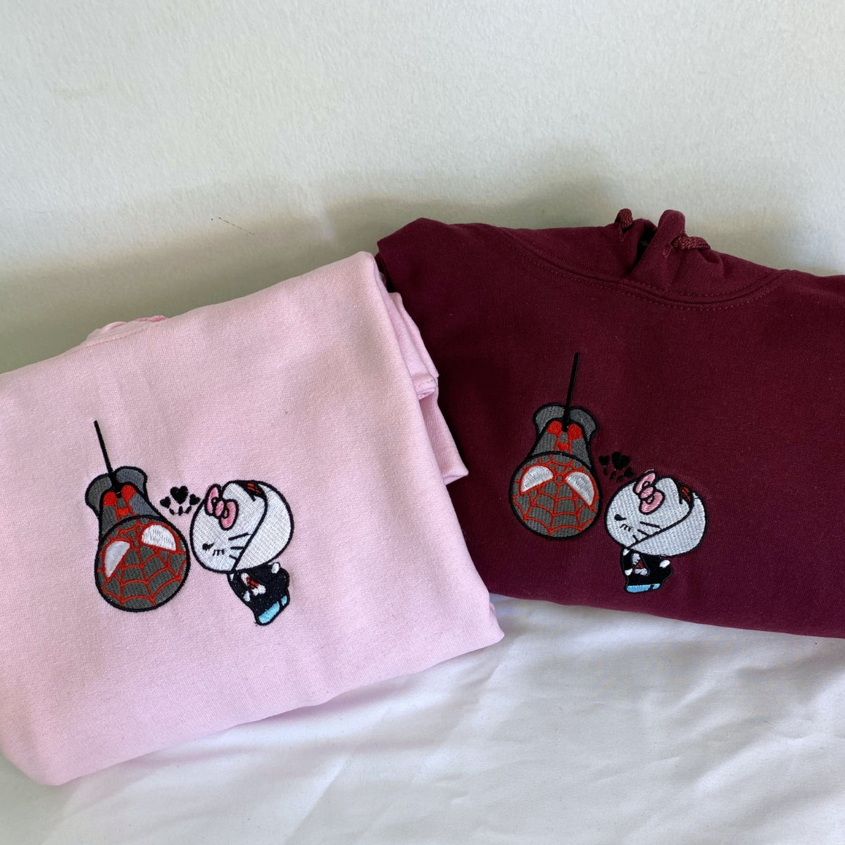Custom Embroidered Sweatshirts For Couples, Custom Matching Couple Sweatshirt, Spider Miles x Kitten Gwen Couples Embroidered Crewneck Sweater V2
