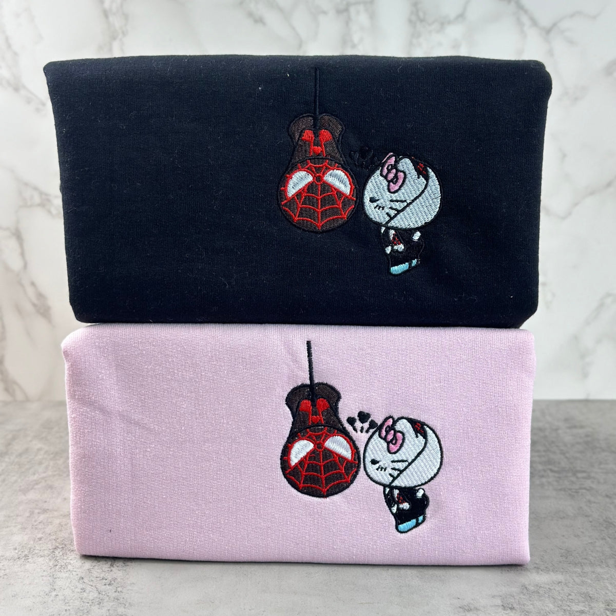 Custom Embroidered Sweatshirts For Couples, Custom Matching Couple Sweatshirt, Spider Miles x Kitten Gwen Couples Embroidered Crewneck Sweater V2