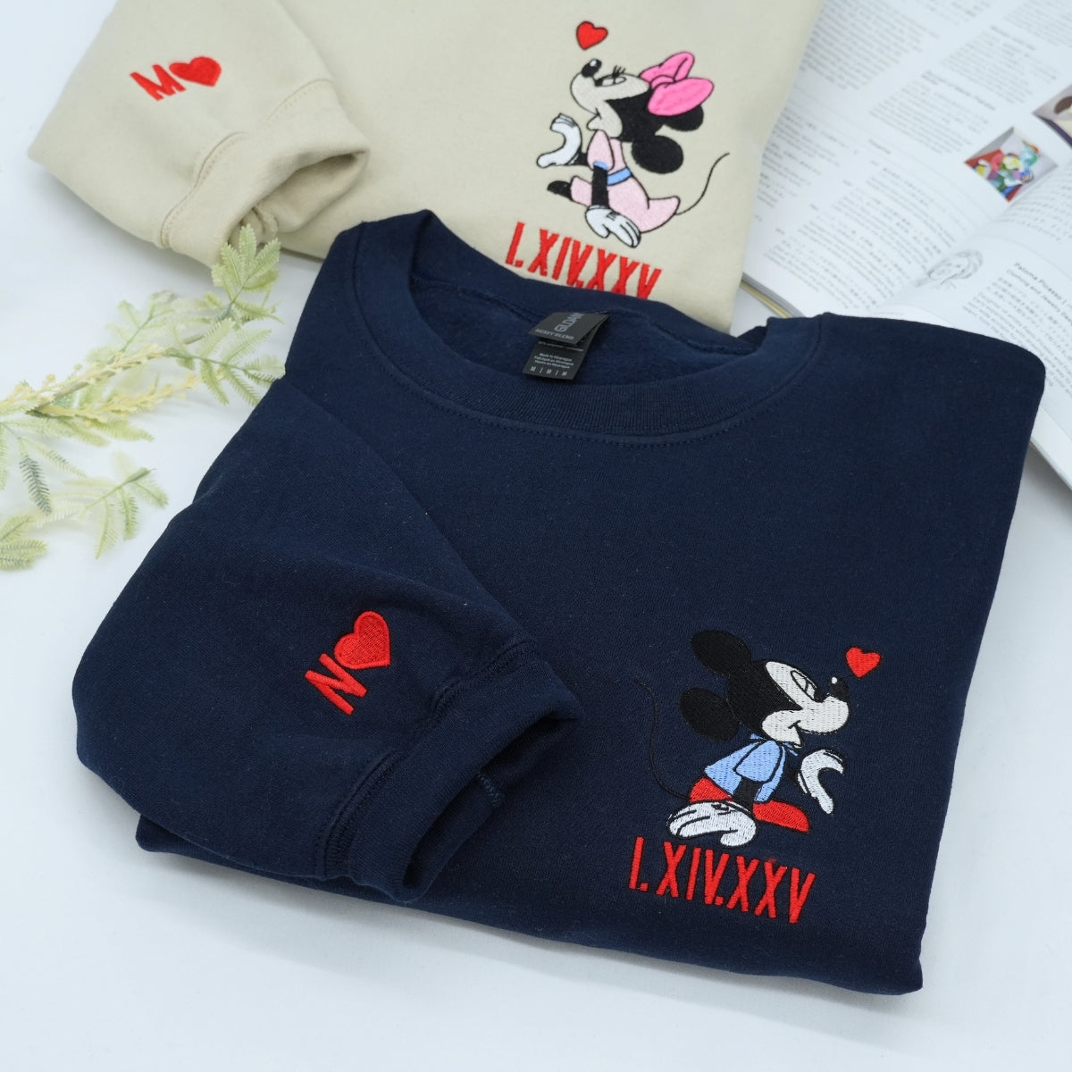 Custom Embroidered Hoodies For Couples, Custom Matching Couple Hoodies, Cartoon Mouse Heart Roman Numeral Date Embroidered Matching Couples Hoodie