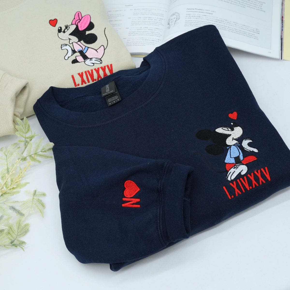 Custom Embroidered Hoodies For Couples, Custom Matching Couple Hoodies, Cartoon Mouse Heart Roman Numeral Date Embroidered Matching Couples Hoodie