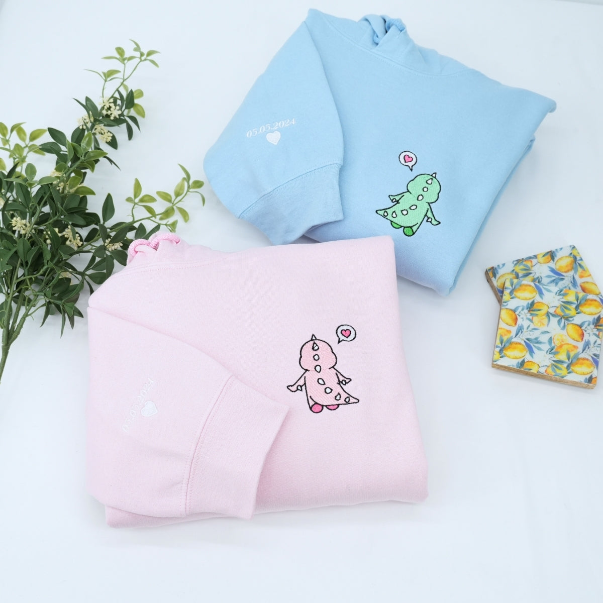 Custom Embroidered Funny Cartoon Dinosaur Anniversary Date Matching Couples Embroidered Sweatshirts