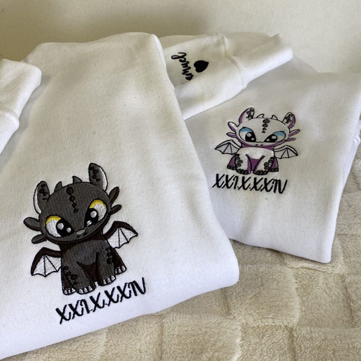 Custom Embroidered Sweatshirts For Couples, Matching Sweatshirts For Couples, Dragon&#39;s Lovely Characters Couples Embroidery Sweatshirt