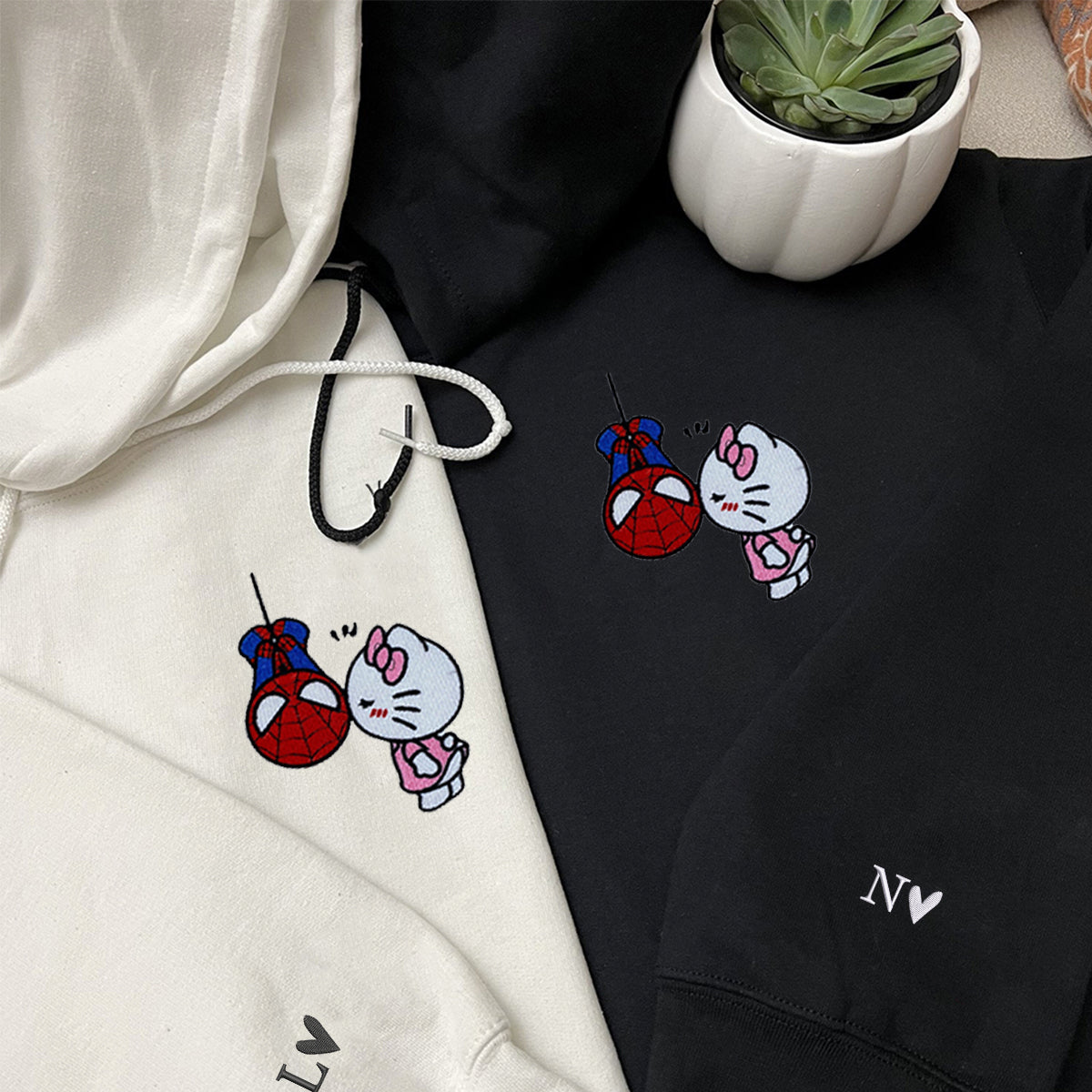 Custom Embroidered Hoodies For Couples, Custom Matching Couple Hoodies, Lovely Kitten Kiss Spider Chibi Embroidered Matching Couples Hoodie