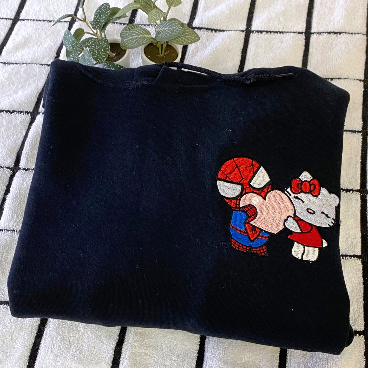 Custom Embroidered Hoodies For Couples, Custom Matching Couple Hoodies, Lovely Kitten Kiss Spider Chibi Embroidered Matching Couples Hoodie
