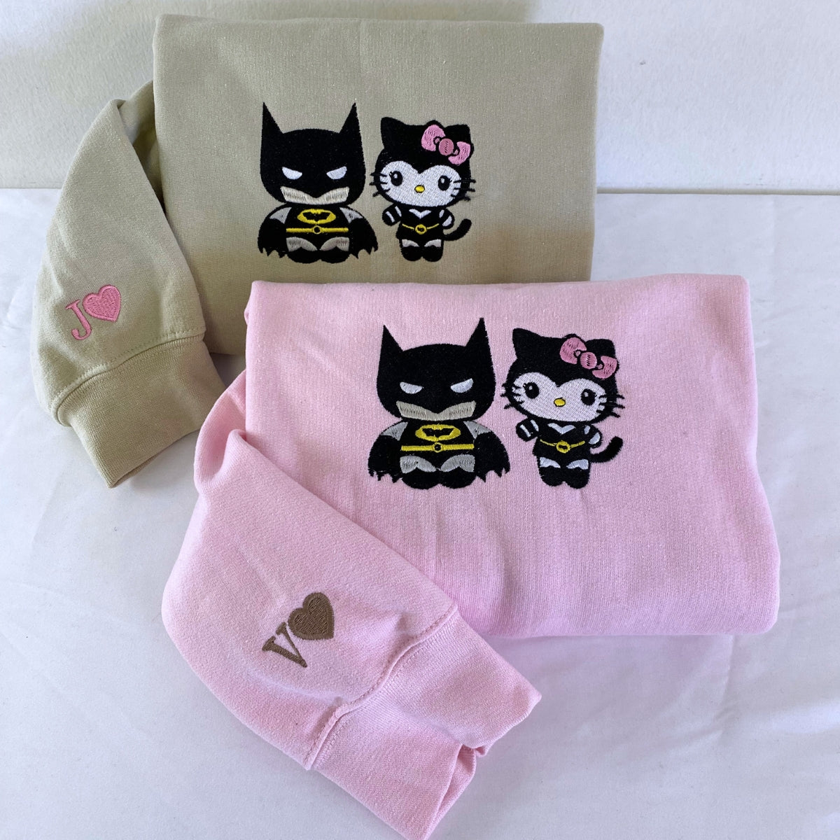 Custom Embroidered Sweatshirts For Couples, Custom Matching Couple Hoodies, Lovely Kitten Kiss Spider Chibi Embroidered Matching Couples Sweatshirt