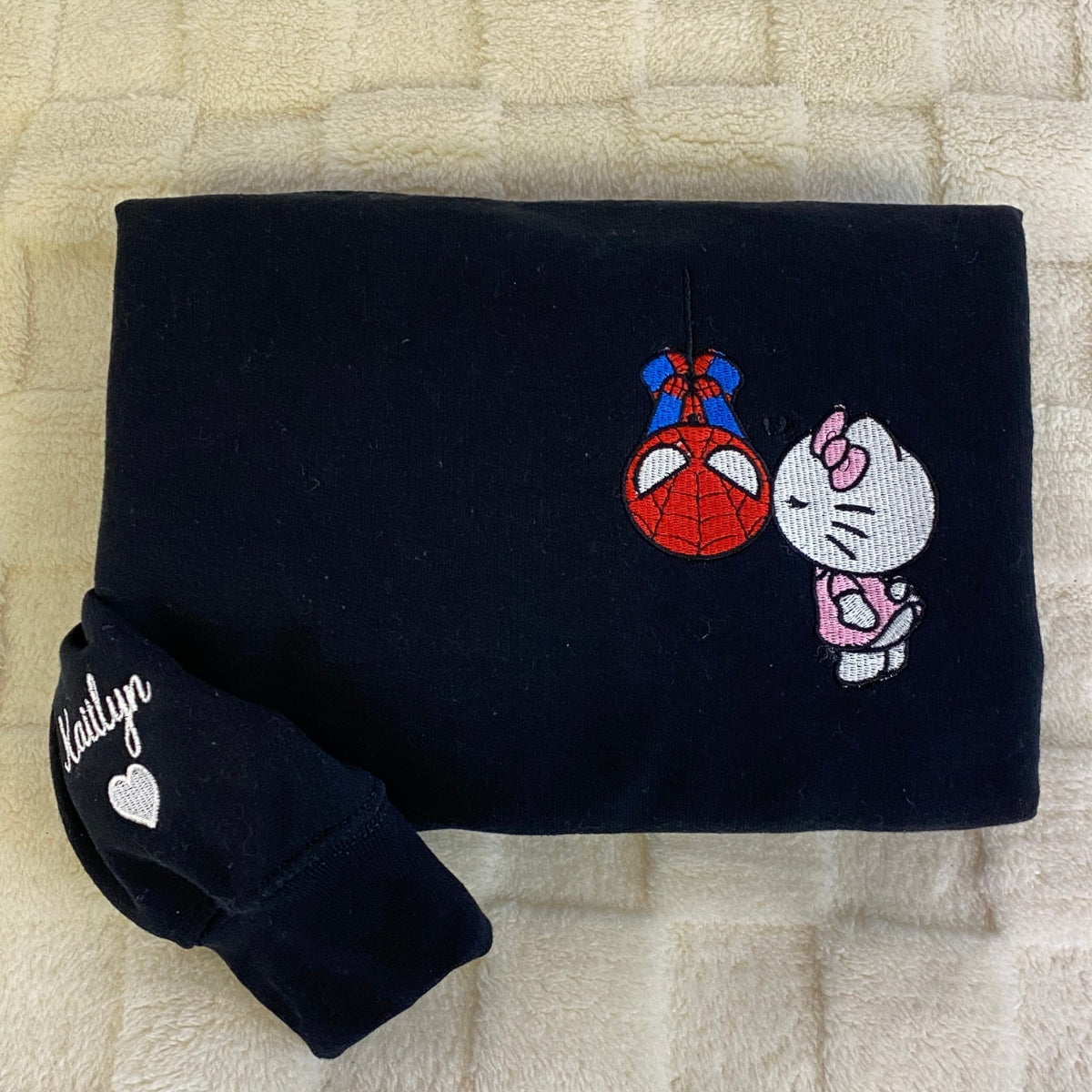 Custom Embroidered Hoodies For Couples, Custom Matching Couple Hoodies, Lovely Kitten Kiss Spider Chibi Embroidered Matching Couples Hoodie