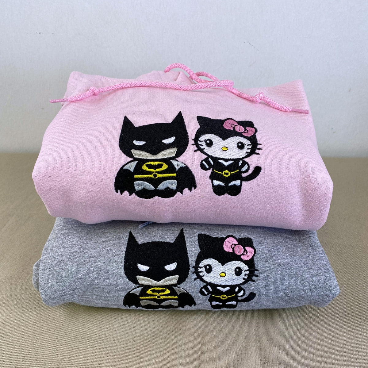 Custom Embroidered Hoodies For Couples, Custom Matching Couple Hoodies, Lovely Kitten Kiss Spider Chibi Embroidered Matching Couples Hoodie
