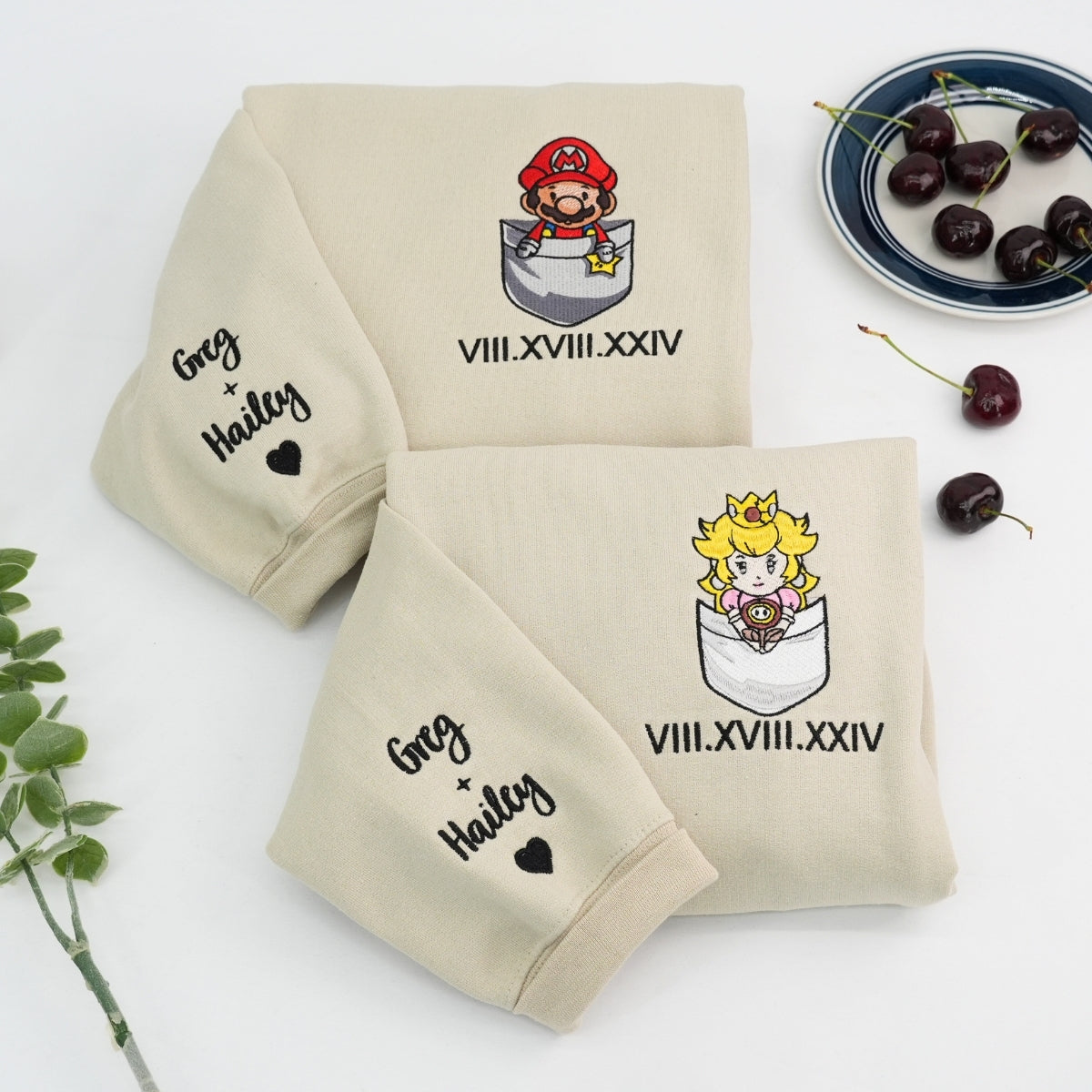 Custom Embroidered Sweatshirts For Couples, Mario x Princess Couples Roman Numeral Date Crewneck Embroidered Sweatshirt