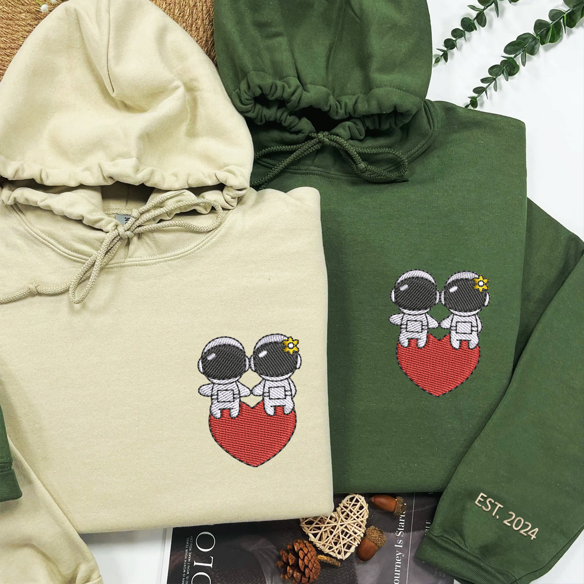 Custom Embroidered Hoodies For Couples, Cute Astronaut Couples Embroidered Hoodie