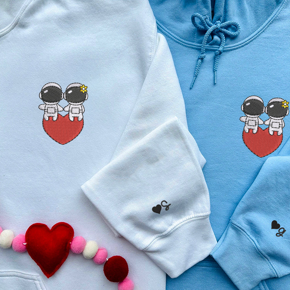 Custom Embroidered Hoodies For Couples, Cute Astronaut Couples Embroidered Hoodie