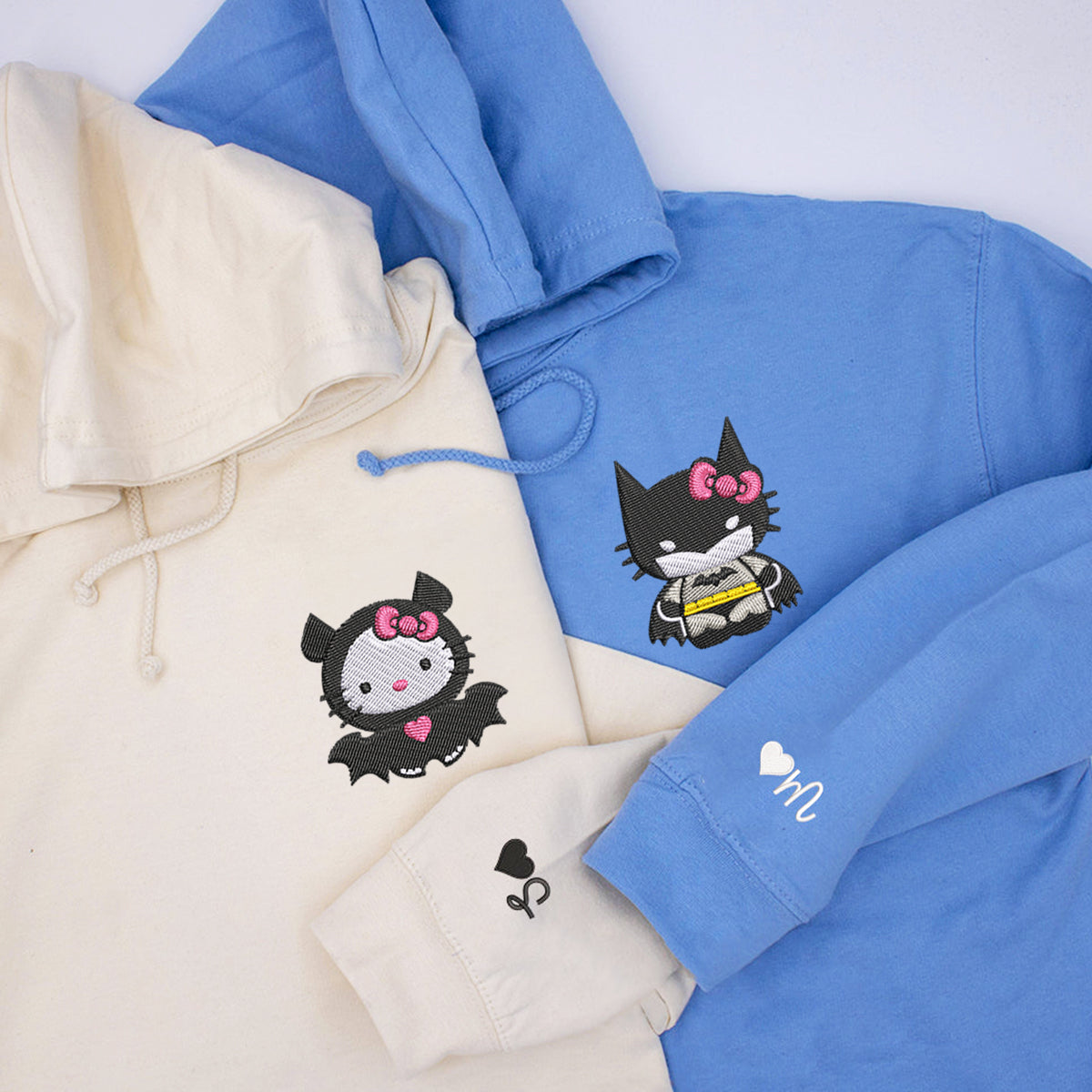 Custom Embroidered Hoodies For Couples, Cute Bat x Kitten Couples Embroidered Hoodie