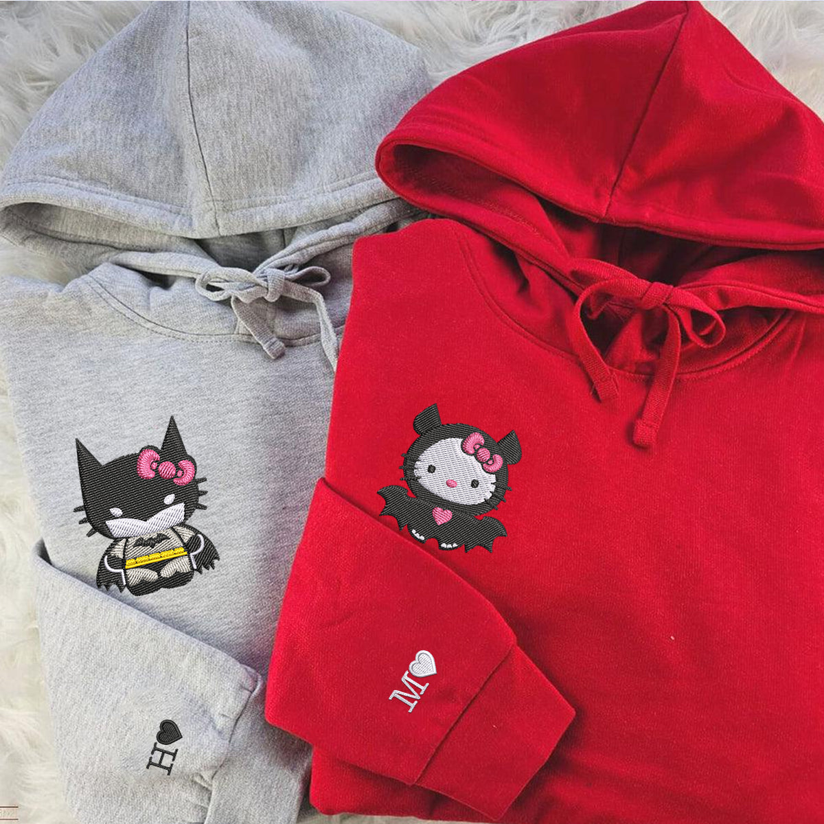 Custom Embroidered Hoodies For Couples, Cute Bat x Kitten Couples Embroidered Hoodie