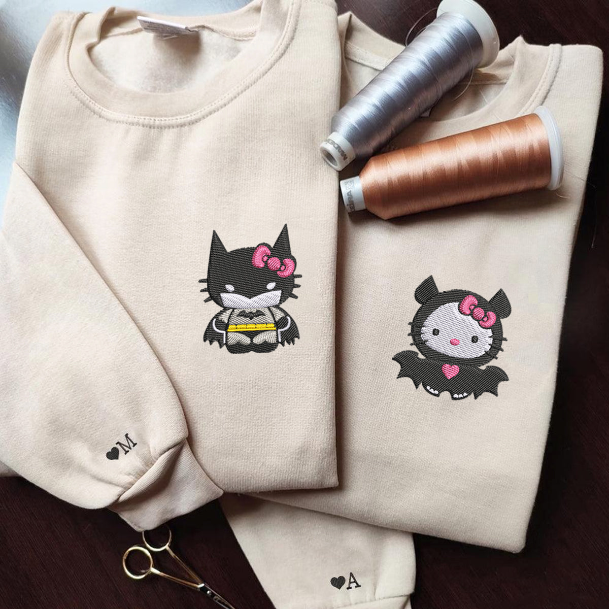 Custom Embroidered Hoodies For Couples, Cute Bat x Kitten Couples Embroidered Hoodie