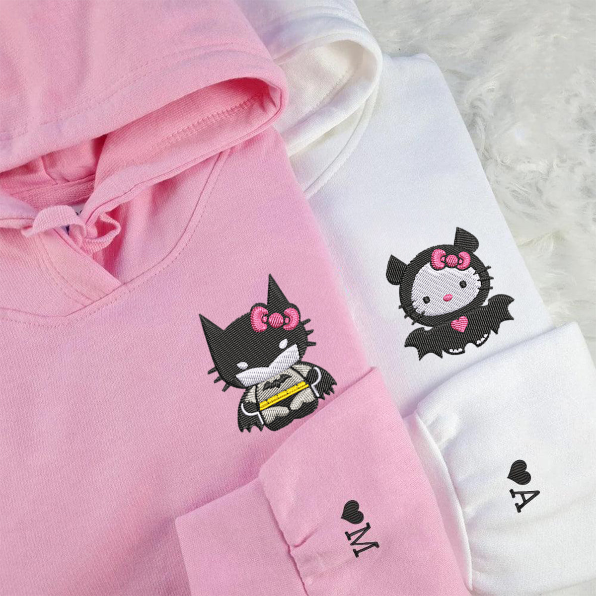 Custom Embroidered Hoodies For Couples, Cute Bat x Kitten Couples Embroidered Hoodie