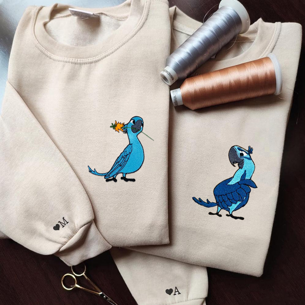 Custom Embroidered Hoodies For Couples, Cute Blue Parrot Couples Embroidered Hoodie