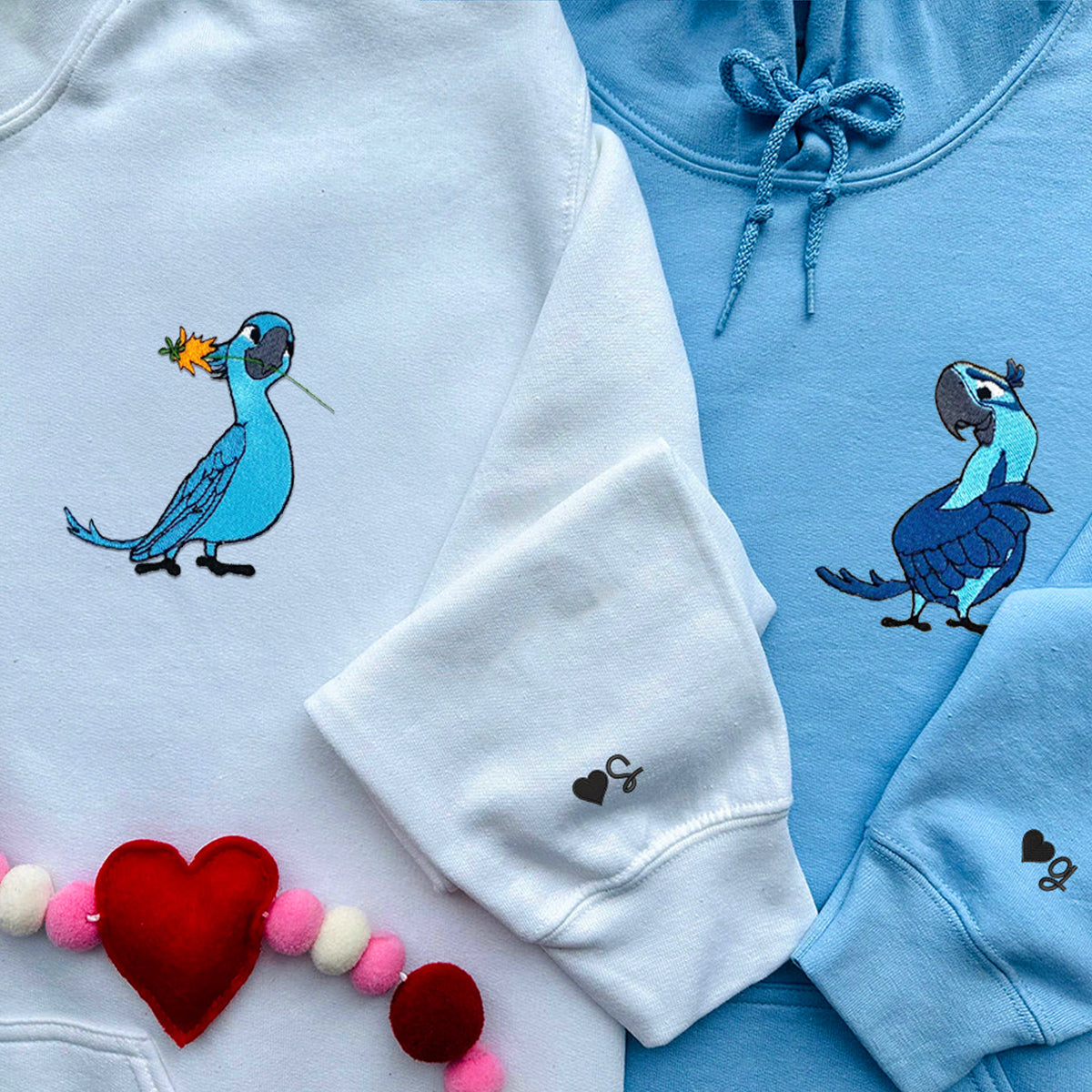 Custom Embroidered Hoodies For Couples, Cute Blue Parrot Couples Embroidered Hoodie