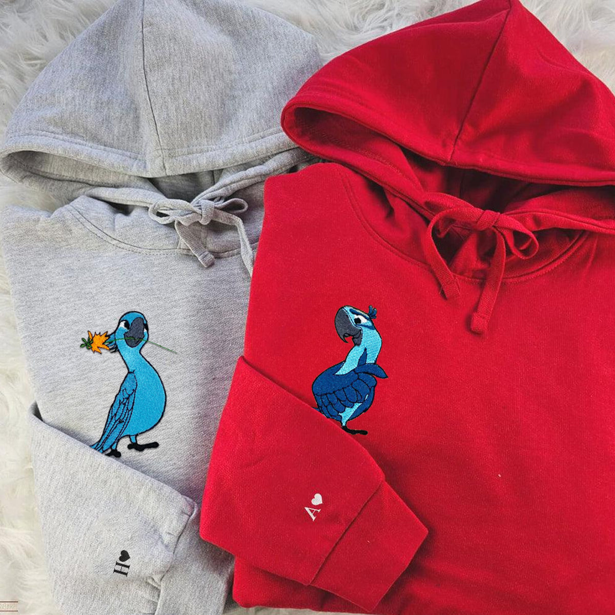 Custom Embroidered Hoodies For Couples, Cute Blue Parrot Couples Embroidered Hoodie