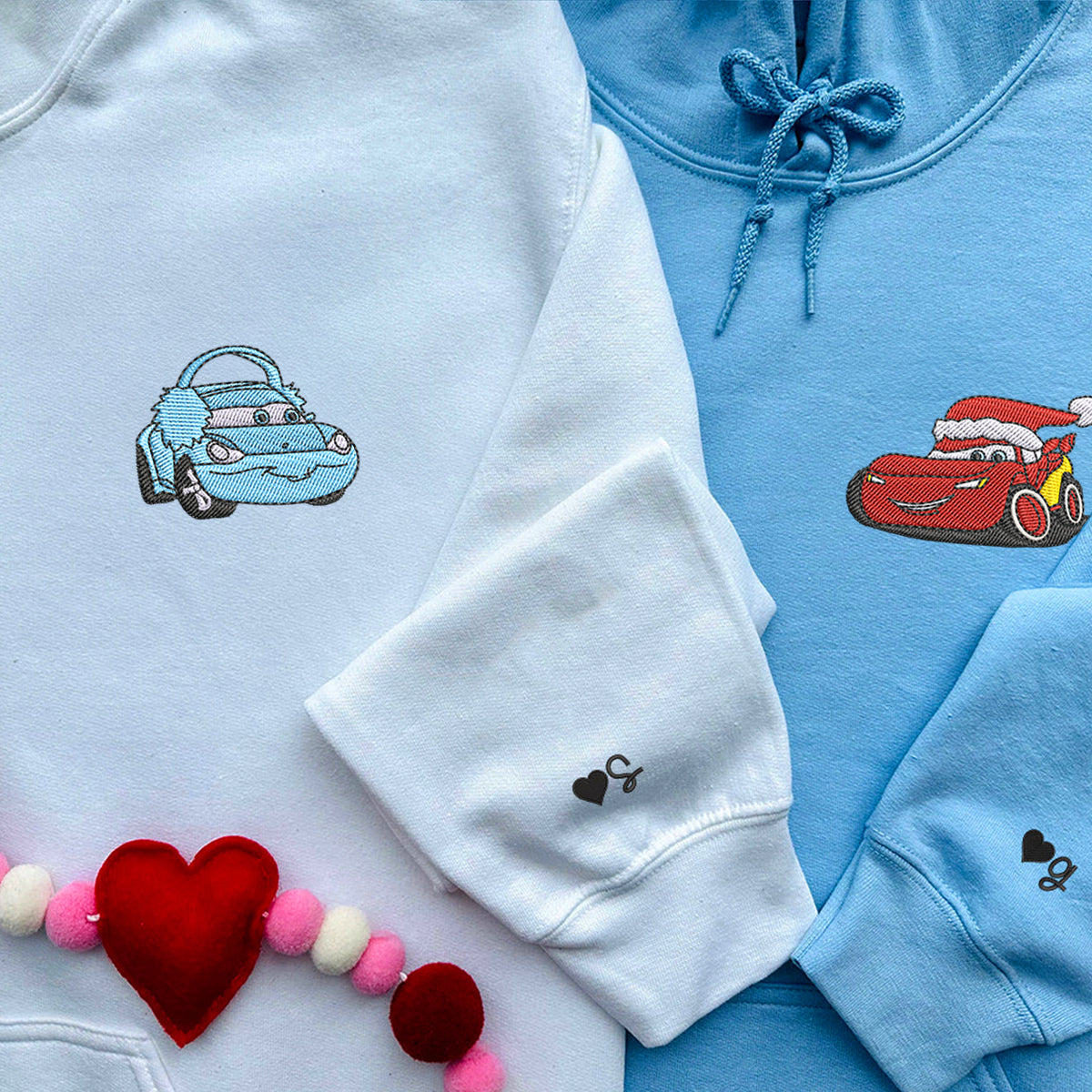 Custom Embroidered Hoodies For Couples, Cute Cartoon Car Christmas Couples Embroidered Hoodie