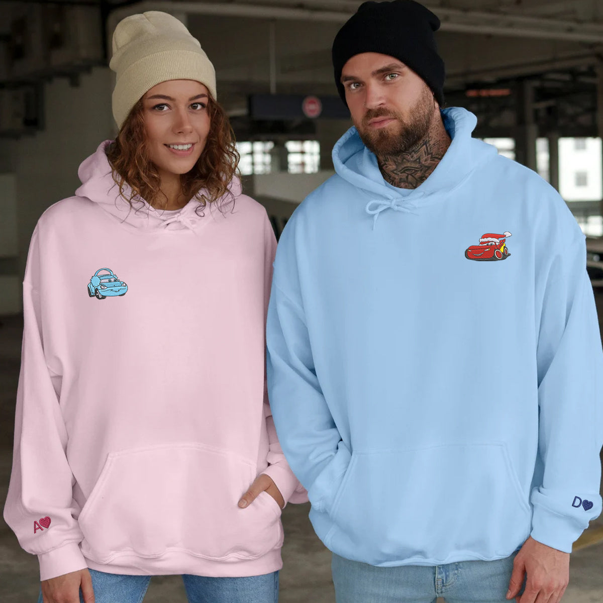 Custom Embroidered Hoodies For Couples, Cute Cartoon Car Christmas Couples Embroidered Hoodie
