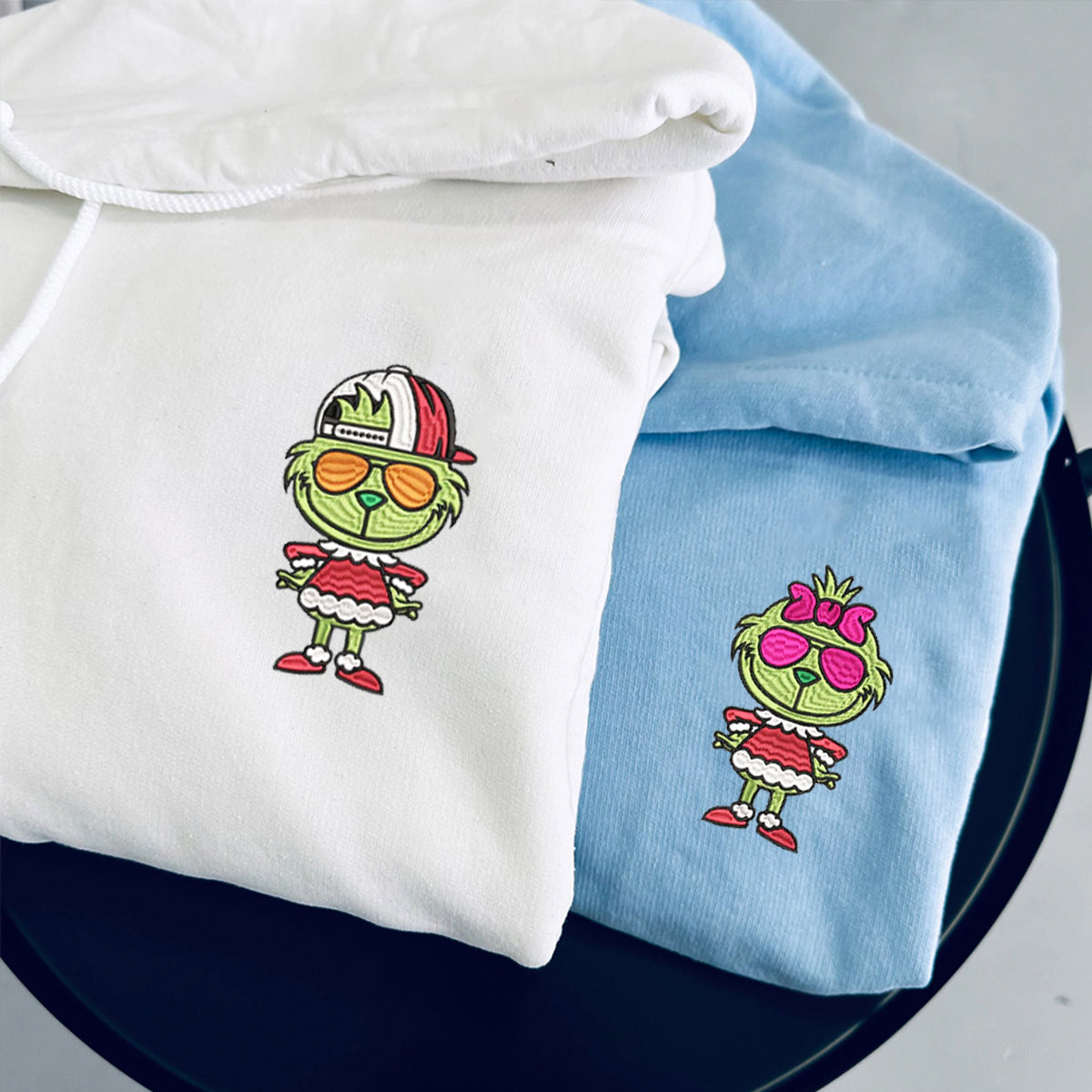 Custom Embroidered Hoodies For Couples, Cute Cartoon Green Christmas Couples Embroidered Hoodie