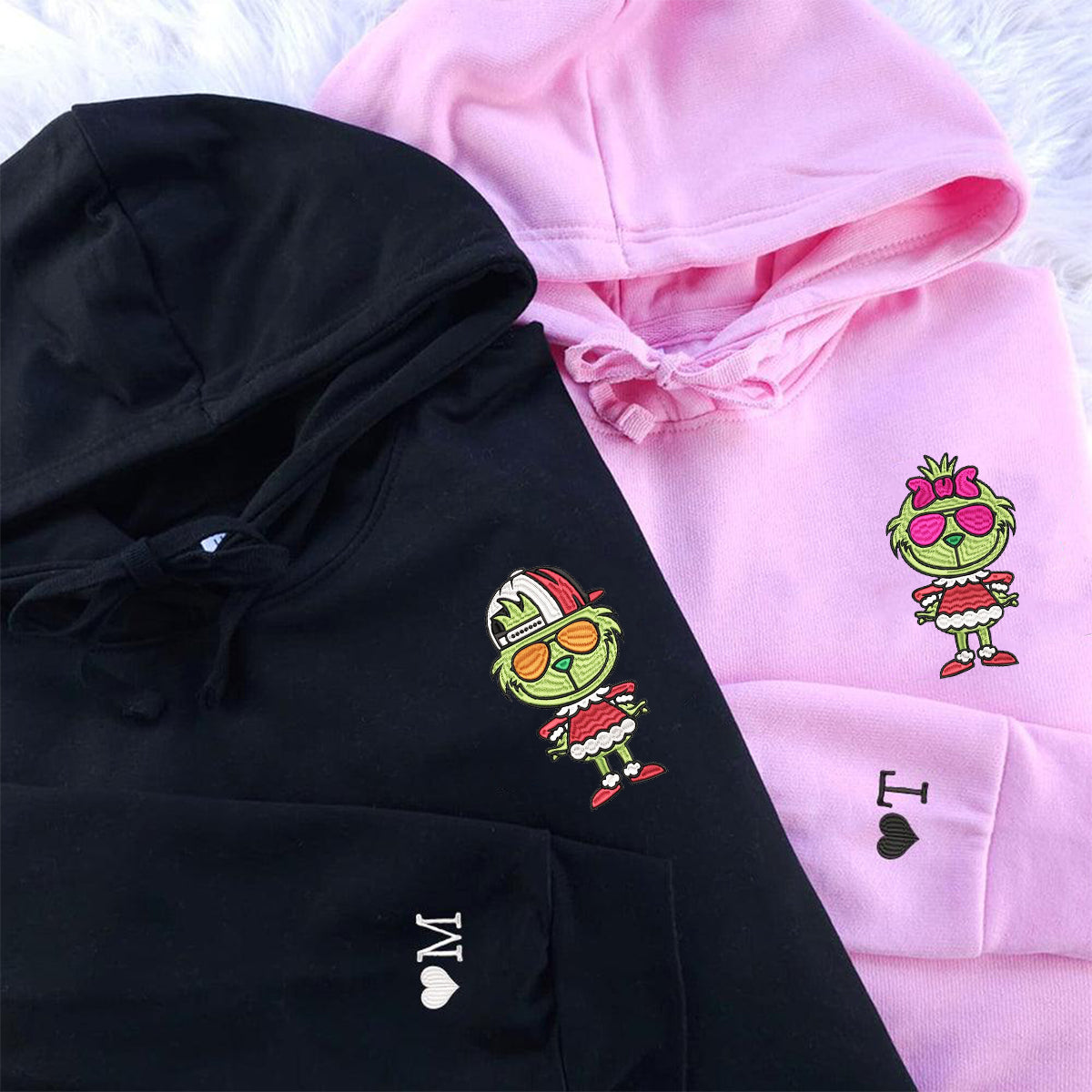 Custom Embroidered Hoodies For Couples, Cute Cartoon Green Christmas Couples Embroidered Hoodie