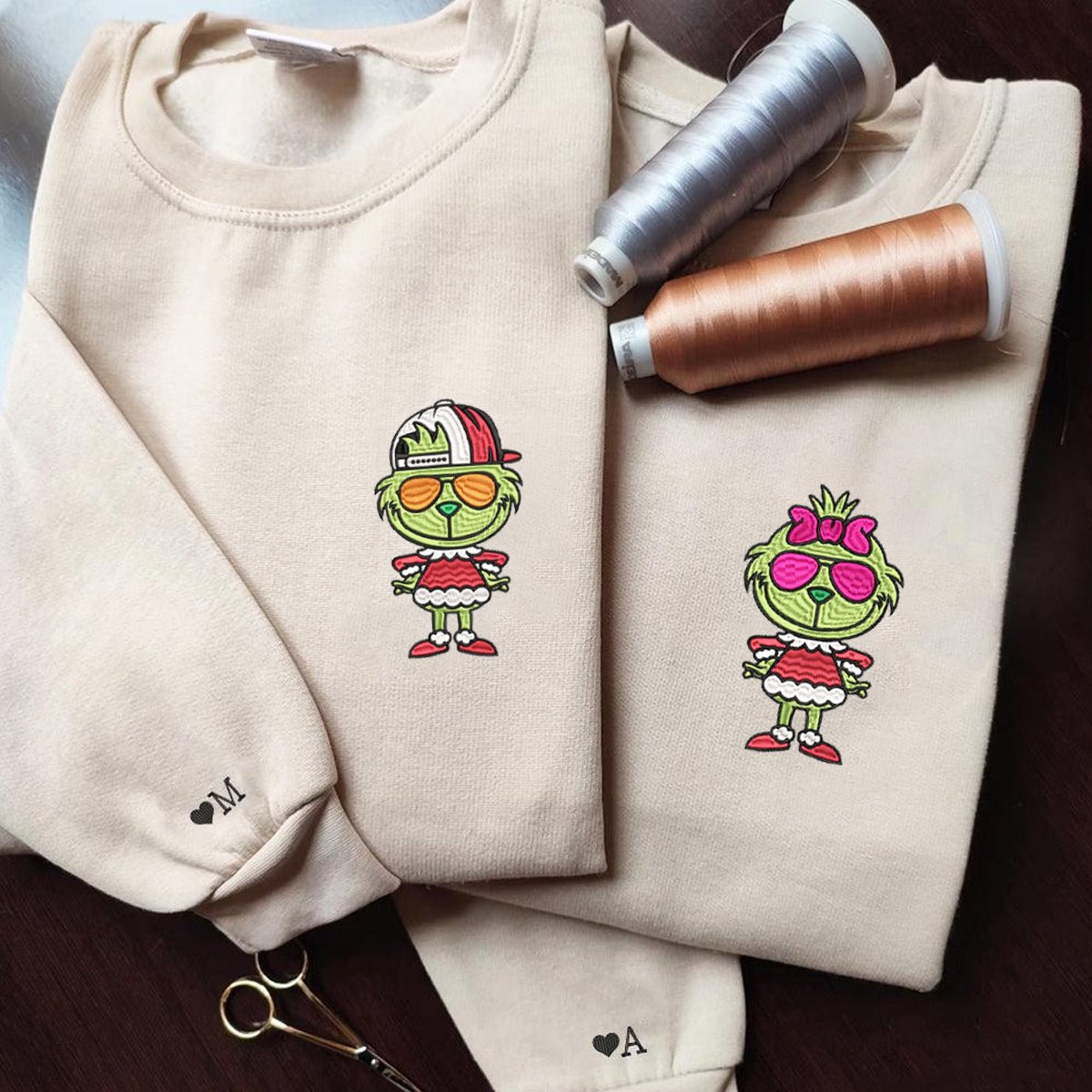 Custom Embroidered Hoodies For Couples, Cute Cartoon Green Christmas Couples Embroidered Hoodie