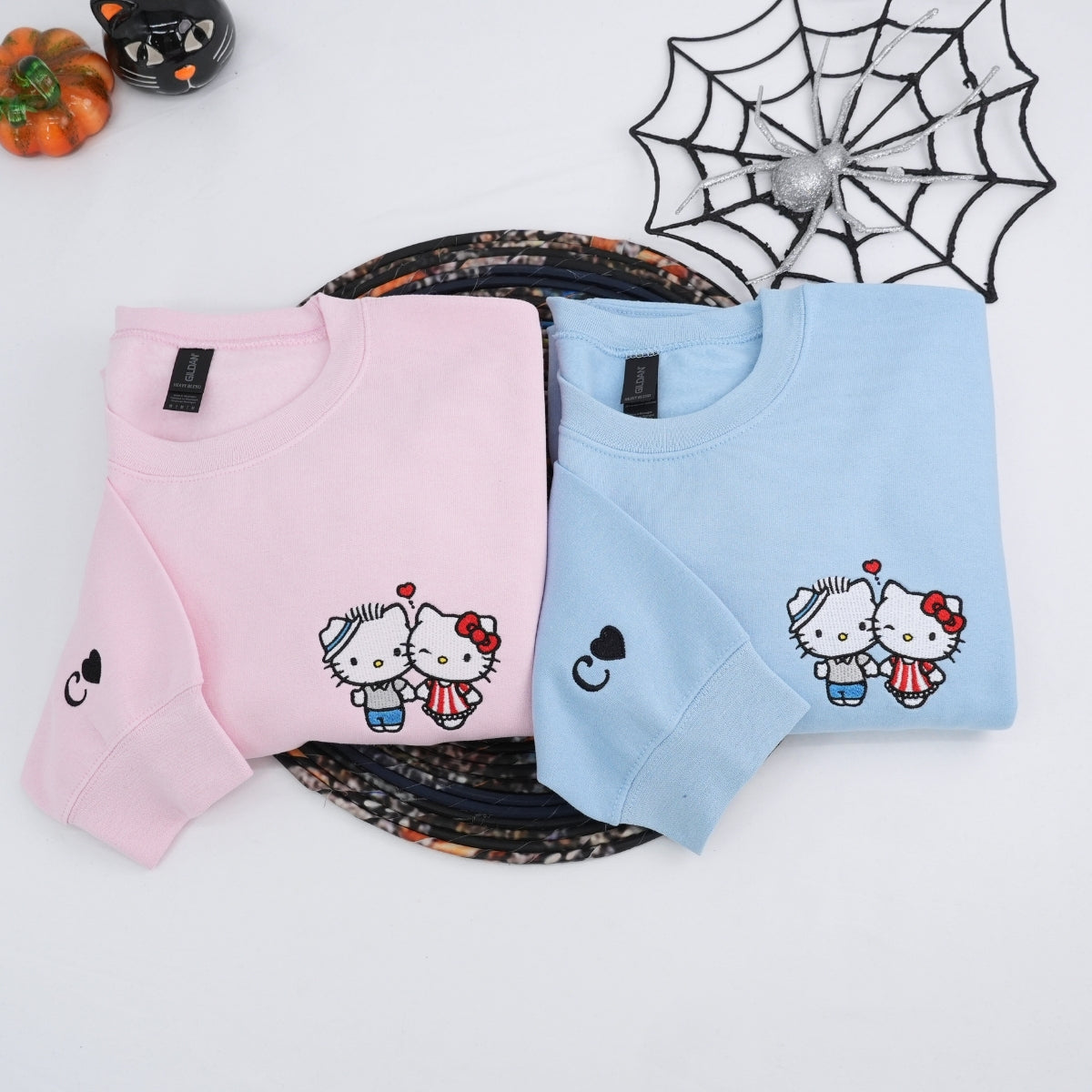 Custom Embroidered Hoodies For Couples, Cute Cartoon Kiss Kitten Couples Embroidered Hoodie