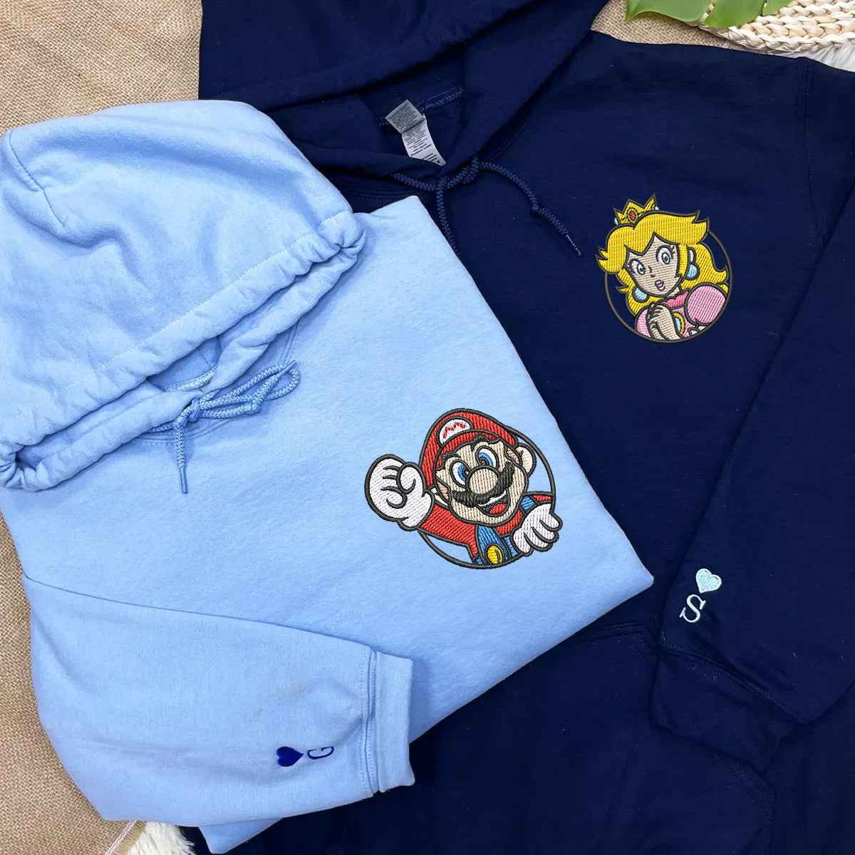 Custom Embroidered Hoodies For Couples, Cute Cartoon Princess x Mario Couples Embroidered Hoodie