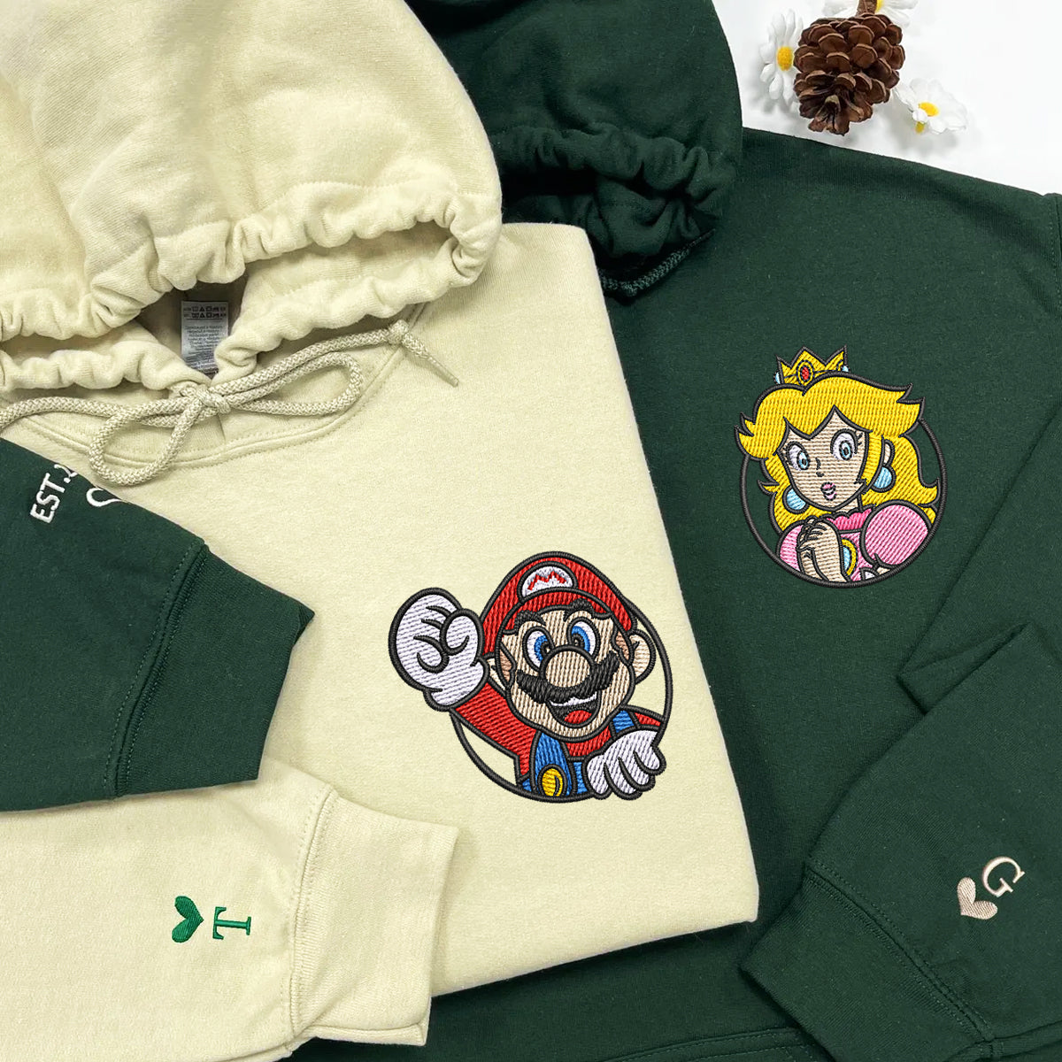 Custom Embroidered Hoodies For Couples, Cute Cartoon Princess x Mario Couples Embroidered Hoodie