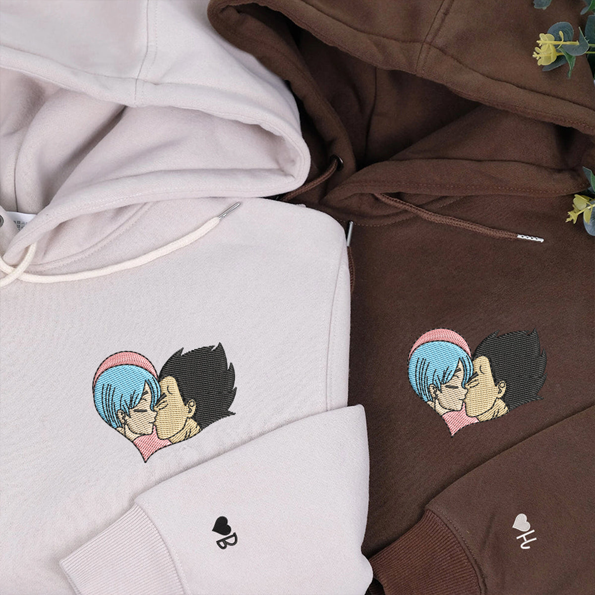 Custom Embroidered Hoodies For Couples, Cute Cartoon Vegeta x Bulma Couples Embroidered Hoodie