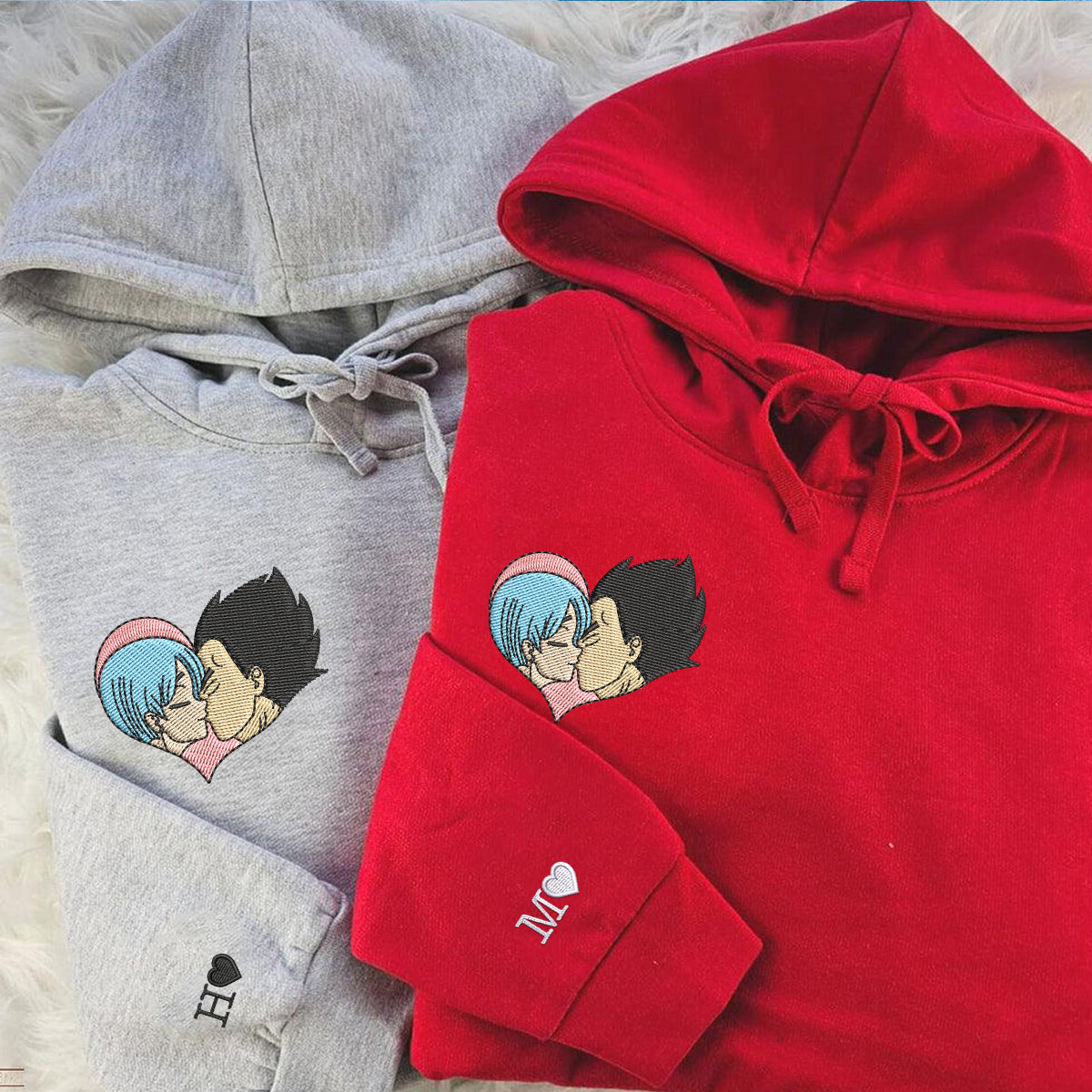 Custom Embroidered Hoodies For Couples, Cute Cartoon Vegeta x Bulma Couples Embroidered Hoodie