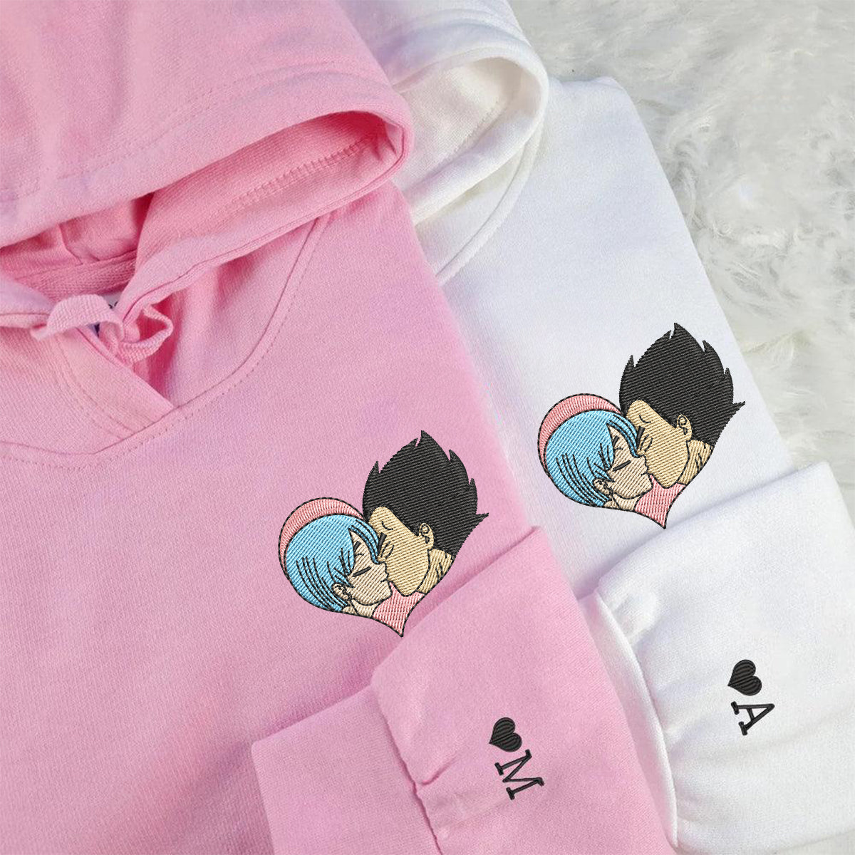 Custom Embroidered Hoodies For Couples, Cute Cartoon Vegeta x Bulma Couples Embroidered Hoodie