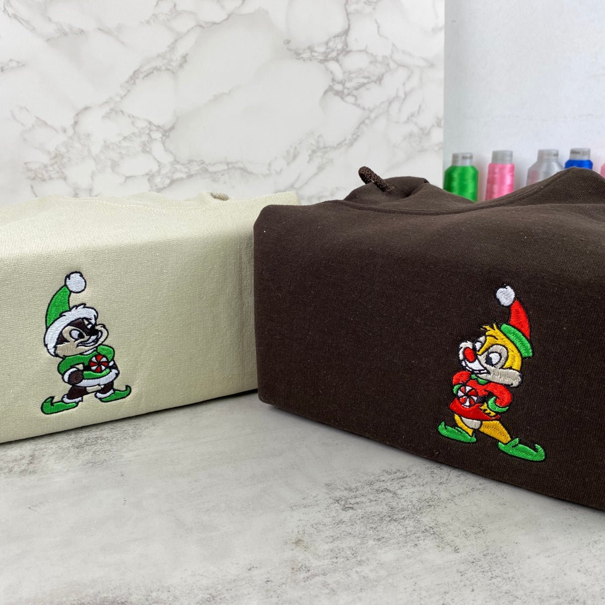 Custom Embroidered Hoodies For Couples, Cute Chip x Dale Christmas Couples Embroidered Hoodie