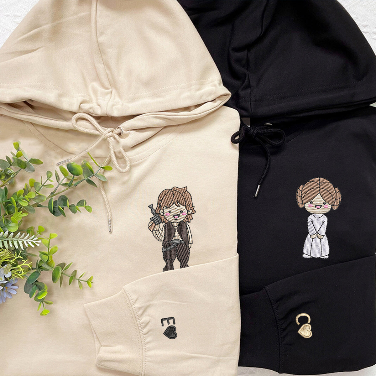 Custom Embroidered Hoodies For Couples, Cute Hans and Leia Couples Embroidered Hoodie