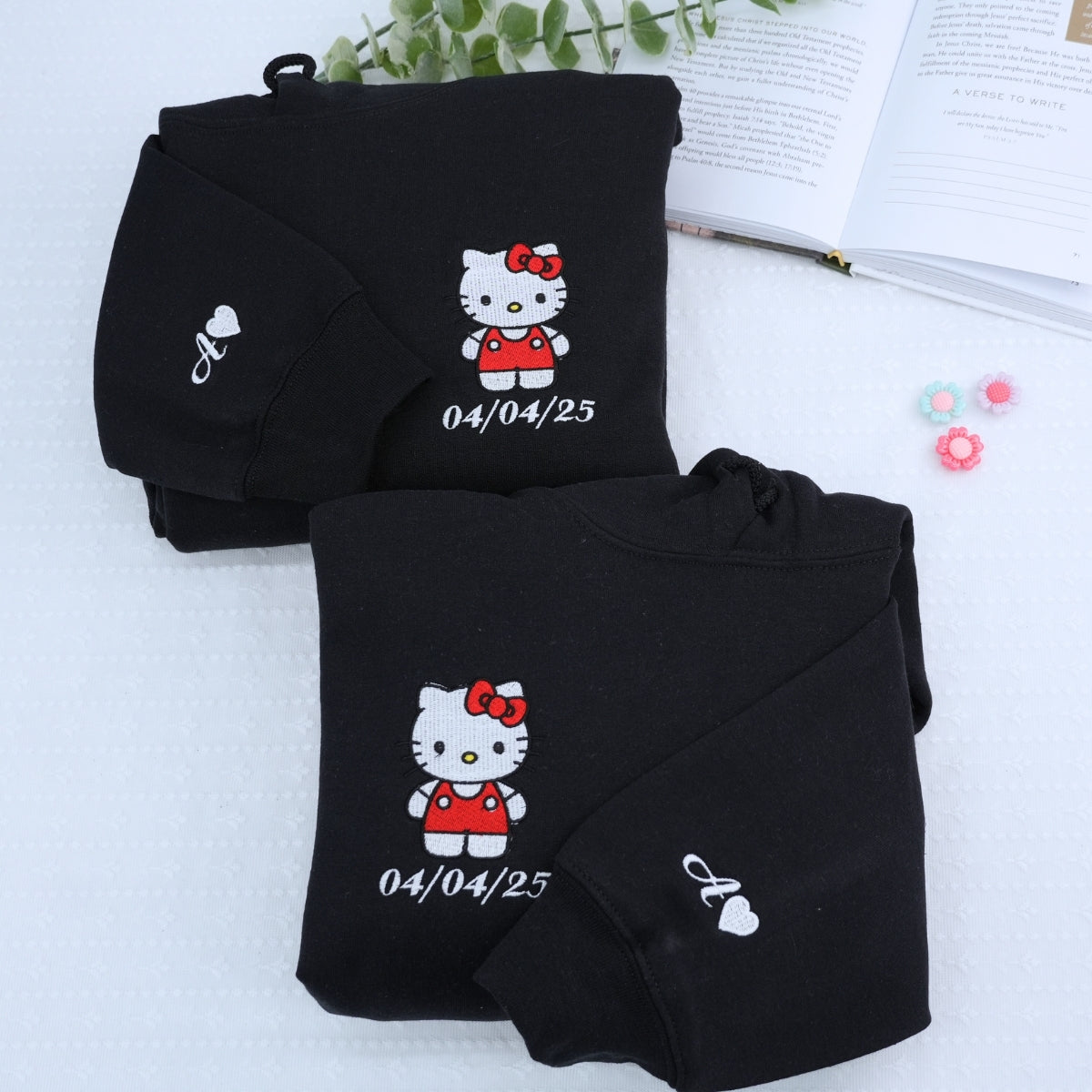 Custom Embroidered Hoodies For Couples, Cute Kitten Couples Embroidered Hoodie