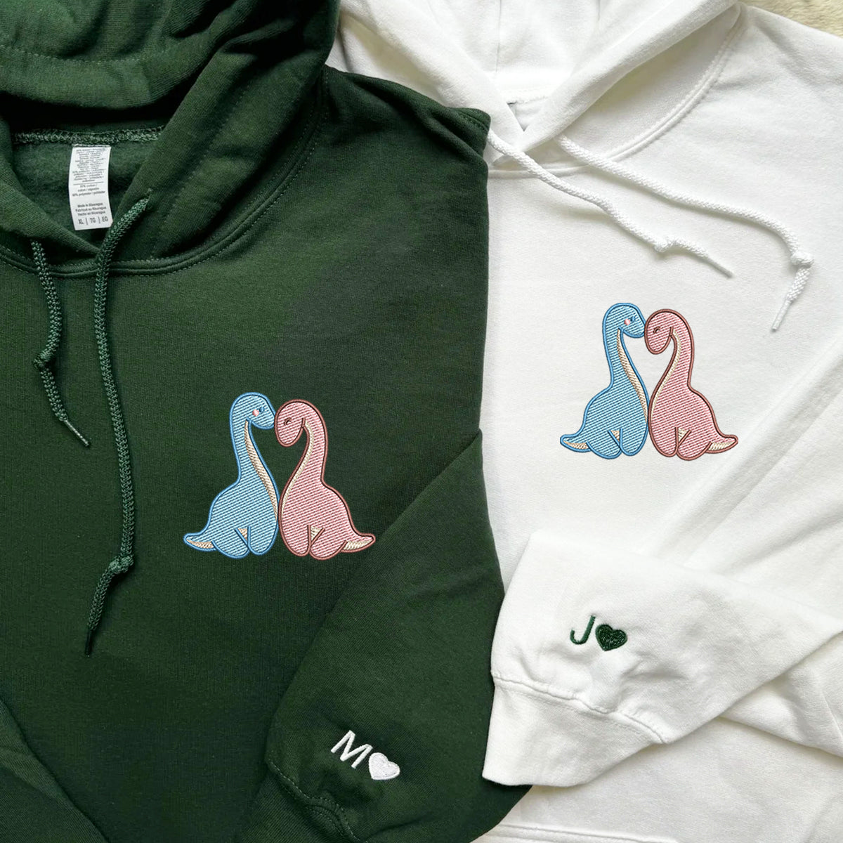 Custom Embroidered Hoodies For Couples, Cute Long Neck Dinosaurs Couples Embroidered Hoodie