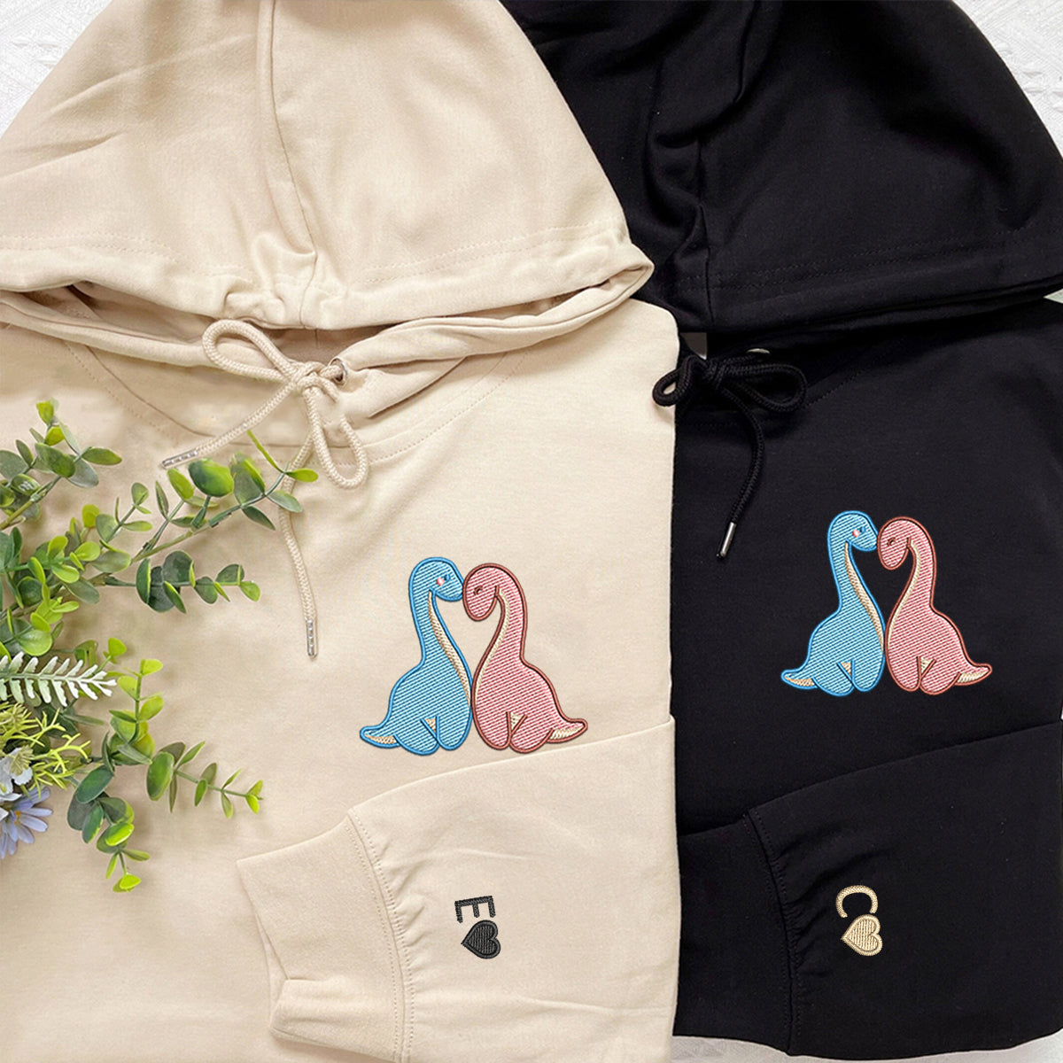 Custom Embroidered Hoodies For Couples, Cute Long Neck Dinosaurs Couples Embroidered Hoodie