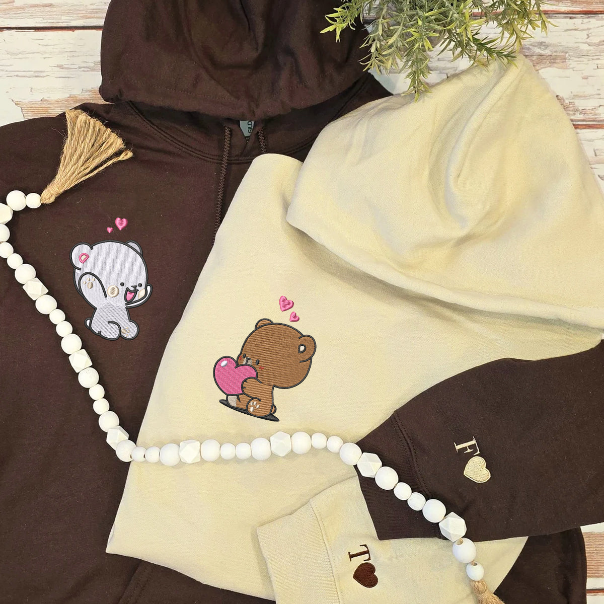 Custom Embroidered Hoodies For Couples, Cute Loving Bears Valentine Couples Embroidered Hoodie