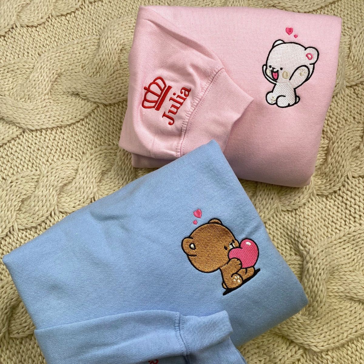 Custom Embroidered Hoodies For Couples, Cute Loving Bears Valentine Couples Embroidered Hoodie