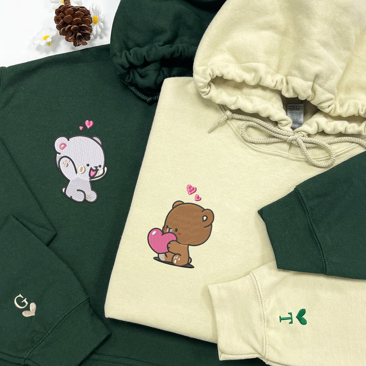 Custom Embroidered Hoodies For Couples, Cute Loving Bears Valentine Couples Embroidered Hoodie