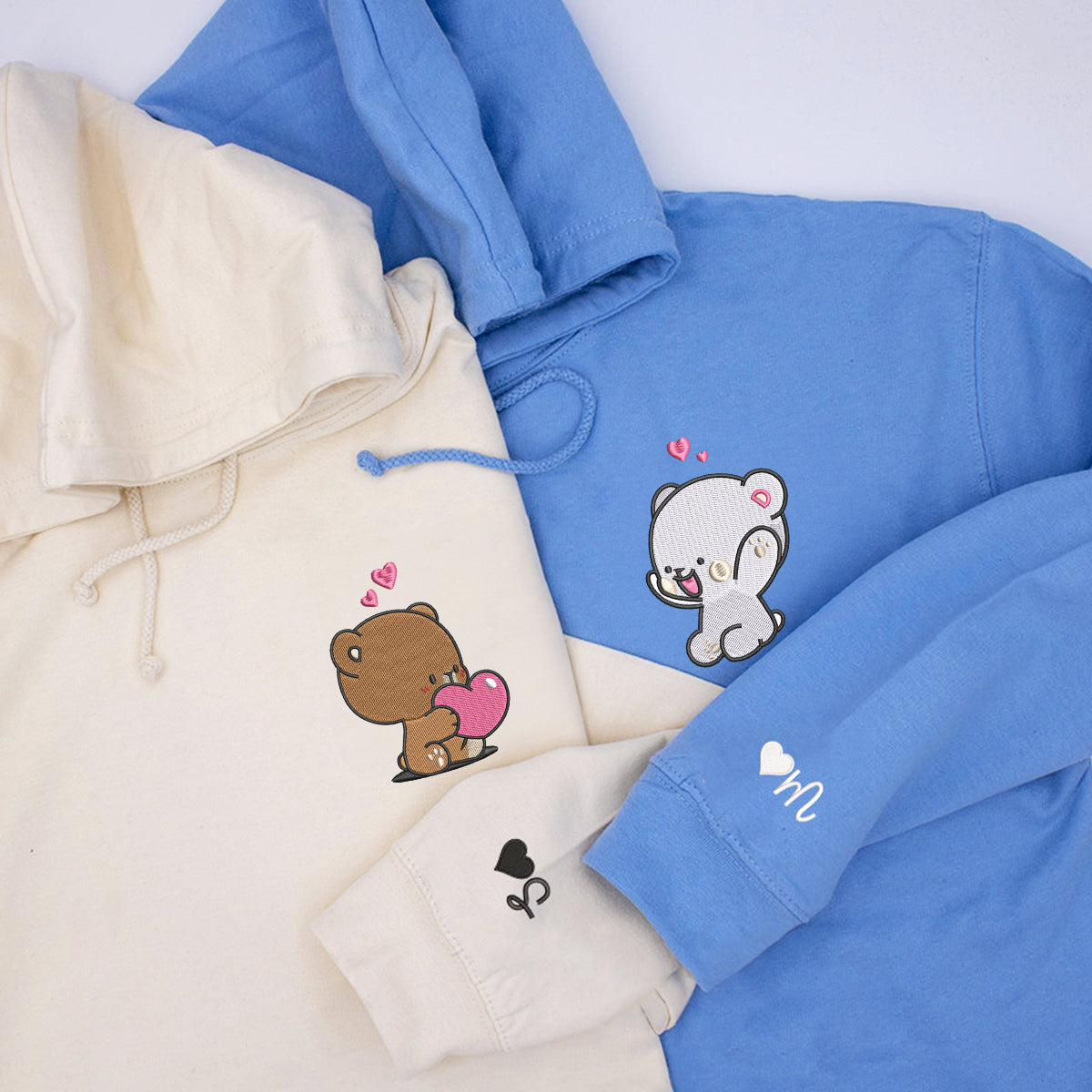 Custom Embroidered Hoodies For Couples, Cute Loving Bears Valentine Couples Embroidered Hoodie