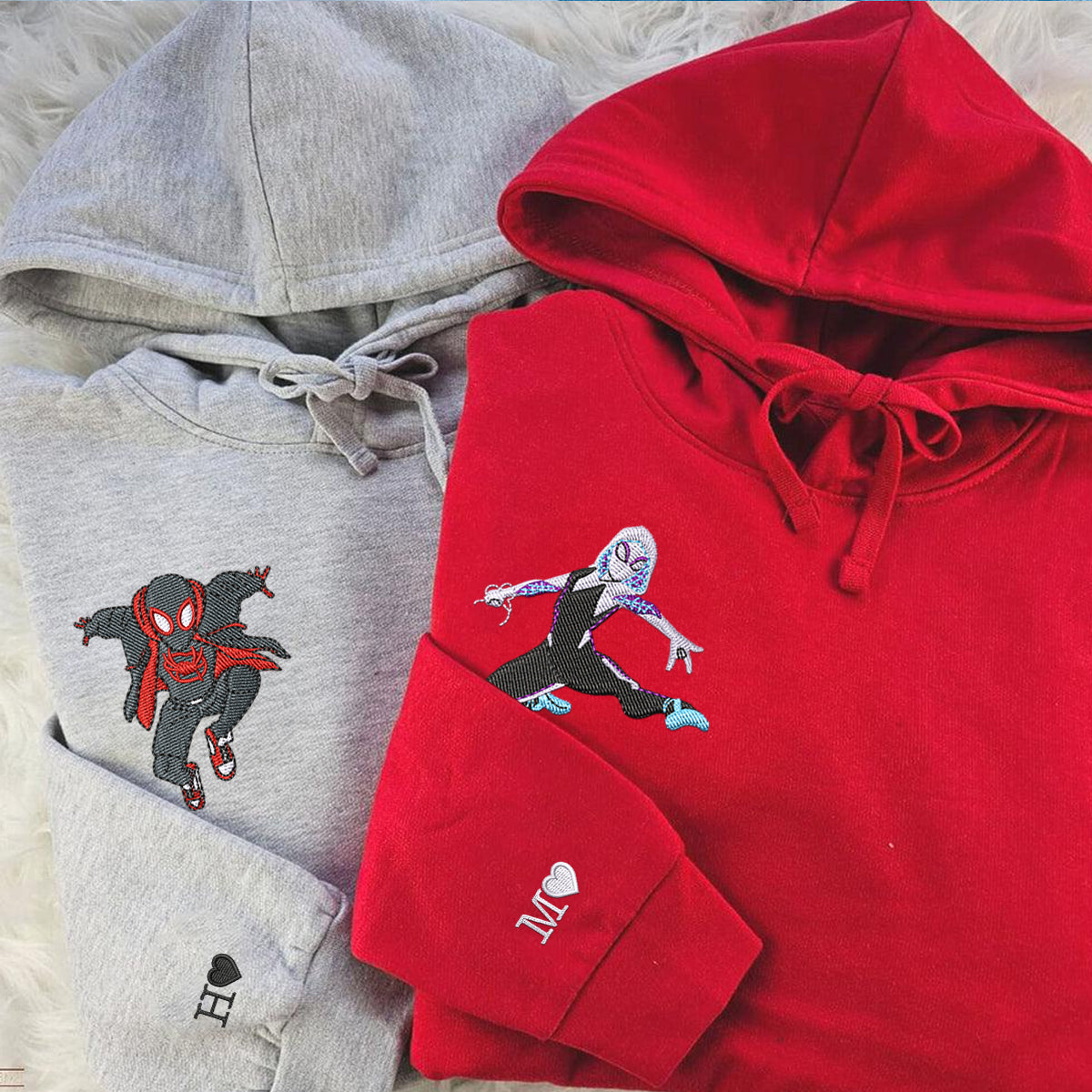 Custom Embroidered Hoodies For Couples, Cute Spider Superhero Couples Embroidered Hoodie