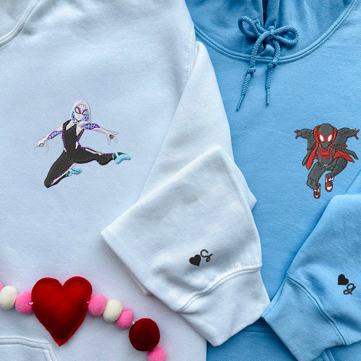 Custom Embroidered Hoodies For Couples, Cute Spider Superhero Couples Embroidered Hoodie