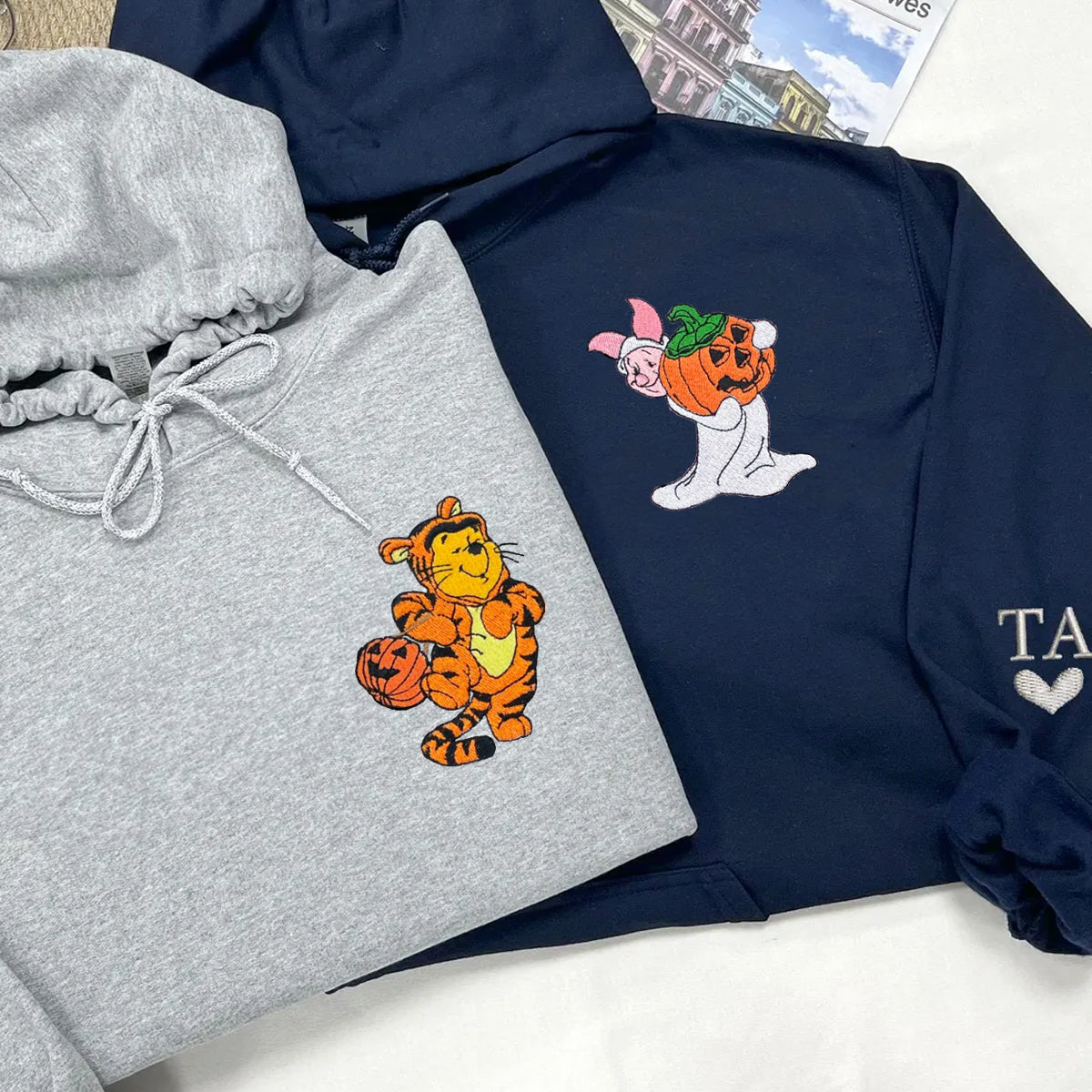 Custom Embroidered Hoodies For Couples, Cute Tigger and Pig Halloween Couples Embroidered Hoodie